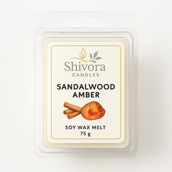 Sandalwood Amber Soy Wax Melt – 75g hand-poured natural soy wax melt by Shivora Candles in clamshell packaging
