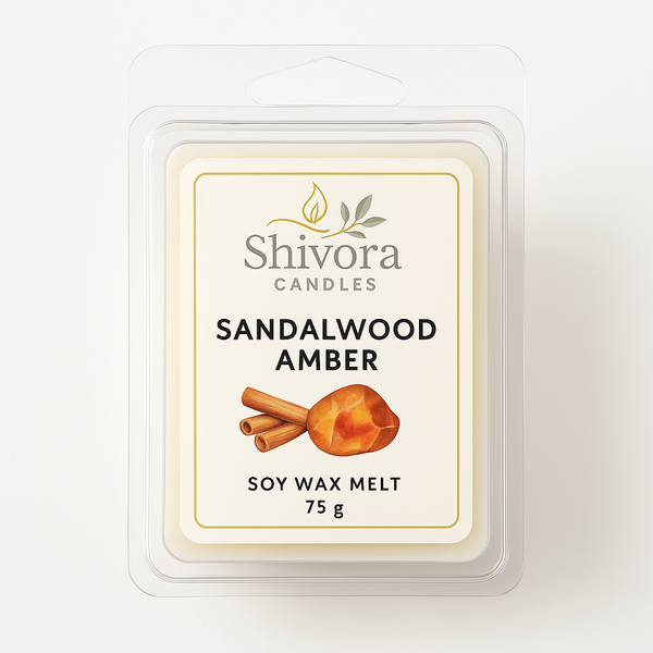 Sandalwood Amber Soy Wax Melt – 75g hand-poured natural soy wax melt by Shivora Candles in clamshell packaging
