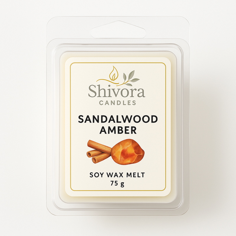 Sandalwood Amber Soy Wax Melt – 75g hand-poured natural soy wax melt by Shivora Candles in clamshell packaging
