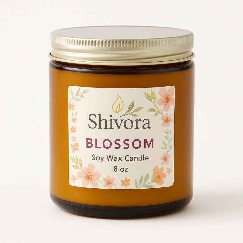 Blossom Soy Wax Candle in amber jar with floral label by Shivora Candles – 8 oz hand-poured floral scented candle
