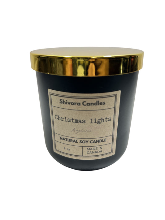 Shivora Candle. Black jar. With Christmas Lights. fragrance.  10 oz Jar.