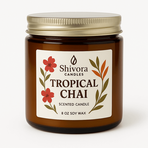 Shivora Candles Tropical Chai scented candle in amber jar with floral label
