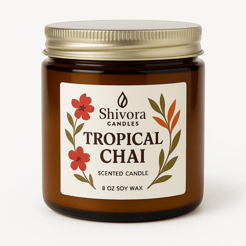 Shivora Candles Tropical Chai scented candle in amber jar with floral label