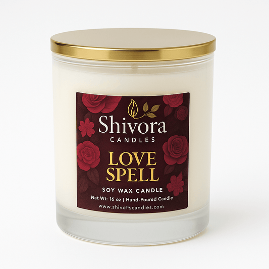 Love Spell soy wax candle with a gold lid on a white background