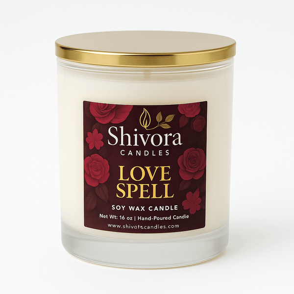 Love Spell soy wax candle with a gold lid on a white background