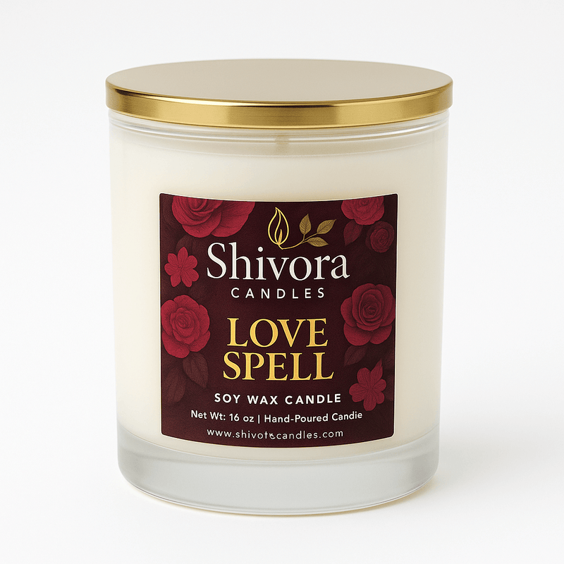 Love Spell soy wax candle with a gold lid on a white background