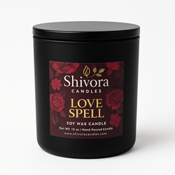 Black candle jar with 'Shivora Candles Love Spell' label on a white background