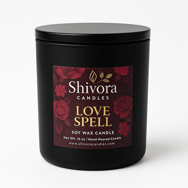 Black candle jar with 'Shivora Candles Love Spell' label on a white background
